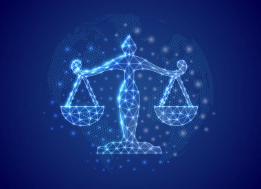 Mavi dünya haritası arka planına sahip 3d düşük poli sembolü ölçeklendirir. Adalet konsepti tasarım vektör çizimi. İniş sayfası için bağlantılı noktalar ve reklam sayfası olan çokgen kanun sembolü.