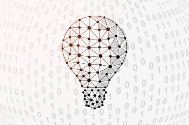 Ampul 3d düşük poli sembolü ve ikili kod arka planı. Fikir tasarımı vektör çizimi. Ana sayfa tasarımı, iniş sayfası, reklam sayfası için bağlantı noktaları olan çokgen bir icat..