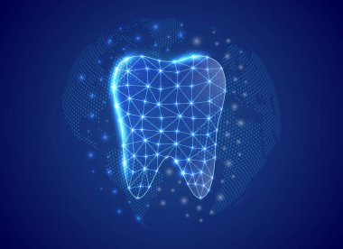Mavi dünya haritası arka planında 3D düşük polyester sembol. Dişçilik konsepti tasarım vektör çizimi. İniş sayfası için bağlantı noktaları olan Stomatoloji çokgen sembolü, reklam sayfası.