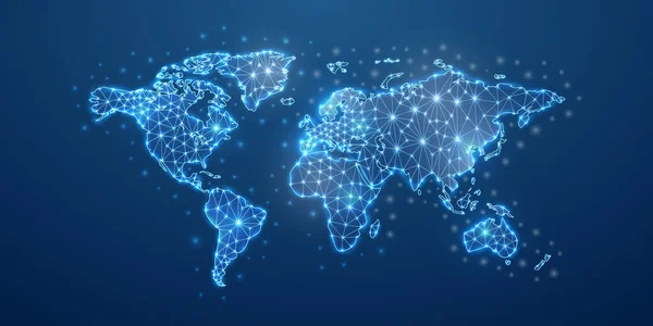 Mundo Mapa Símbolo Com Pontos Conectados Azul Baixo Estilo Poli — Vetor de Stock