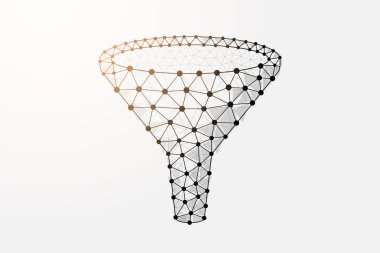 Noktalı düşük polimerli huni sembolü. Veri filtresi, satış stratejisi, müşteri akışı vektör çizimi. Beyaz arkaplanda büyük veri çokgen kablosu izole edildi.