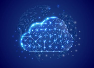 Mavi dünya haritası arka planında 3D düşük polyester sembol. Konsept tasarım vektör illüstrasyonunu indir. İniş sayfası ve reklam sayfası için bağlantı noktaları olan büyük veri çokgeni.