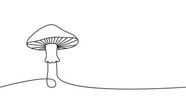 Mantar bir çizgi sürekli çizim. Mantar aralıksız bir çizgi çizimi. Vektör minimalist doğrusal çizim. Beyaz arkaplanda izole.