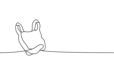 Çöp torbası. Bir sıra sürekli çizim. Plastik torba sürekli tek bir çizgiden oluşuyor. Vektör minimalist doğrusal çizim. Beyaz arkaplanda izole.