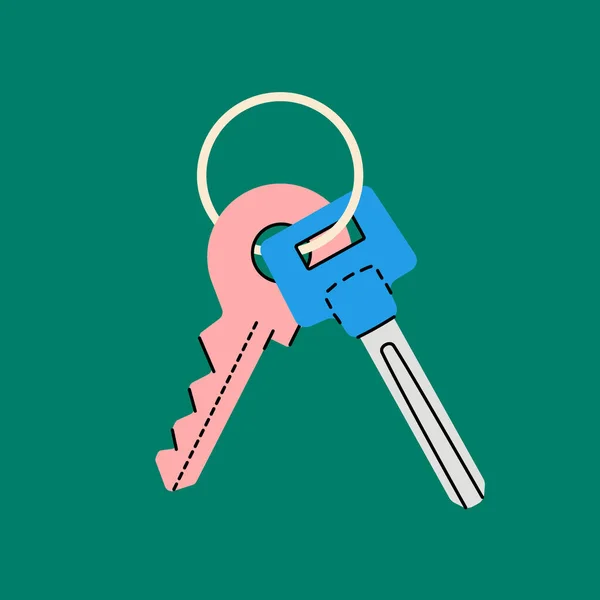 Bunch Different Keys Keyring Colored Hand Drawn House Keys Vector — Vettoriale Stock
