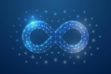 Infinity 3d symbol with connected dots in blue low poly style. Forever, unlimited design concept illustration. Endlessness polygonal wireframe isolated on blue background. clipart