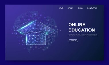 Graduation cap 3d low poly website template. E-learning design illustration concept. Polygonal Online learning symbol for homepage design, landing page, advertising page.