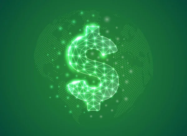 Dollar Low Poly Symbol Green World Map Background Money Concept — Stock vektor