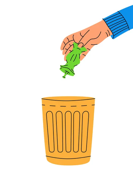 Χέρι Ρίχνοντας Πυρήνα Μήλου Κάδο Ανακύκλωσης Χρησιμοποίηση Σκουπιδιών Πρόβλημα Εικόνα — Διανυσματικό Αρχείο
