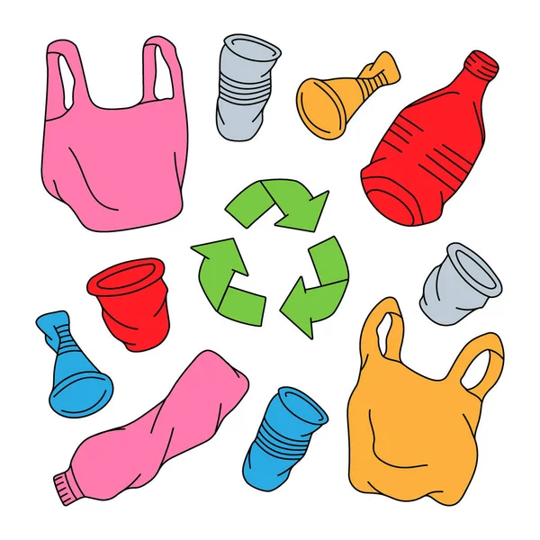 Unsorted Garbage Set Recycling Ecology Problem Concept Plastic Glass Metal — Vettoriale Stock