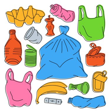 Garbage types set. Plastic, glass, metal, paper, organic waste illustration. Problem globe pollution concept. Unsorted garbage set isolated on white background.