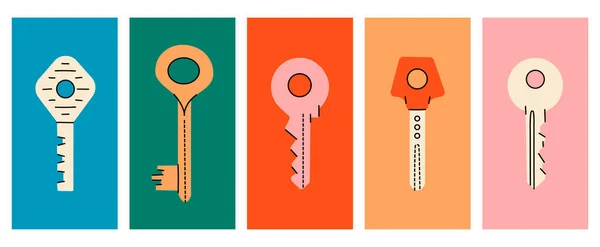 Set Various House Keys Colored Posters Hand Drawn House Keys — Vettoriale Stock