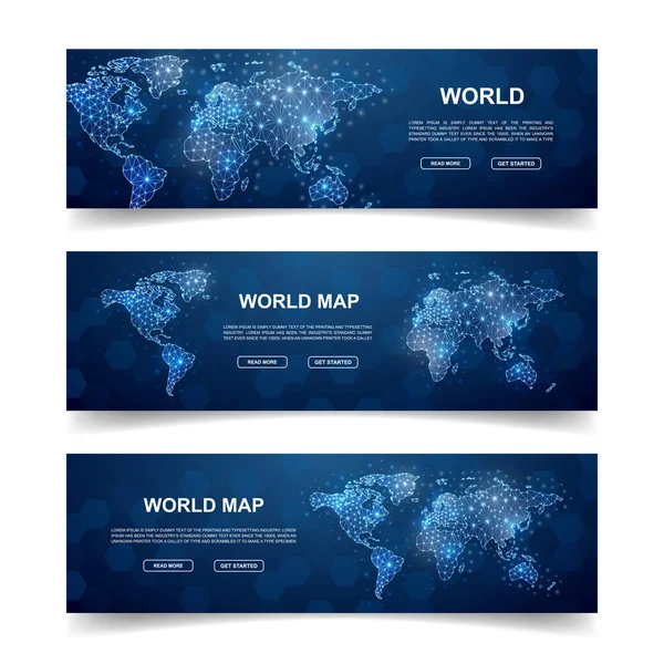 Set Three World Map Horizontal Banners Horizontal Illustration Homepage Design — Vetor de Stock
