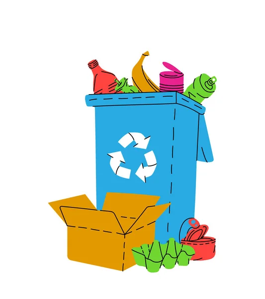 Mülleimer Mit Unsortiertem Müll Plastik Glas Metall Papier Organischer Abfall — Stockvektor
