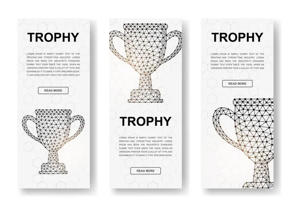 Set Three Trophy Cup Polygonal Vertical Banners Award Low Poly — Vettoriale Stock