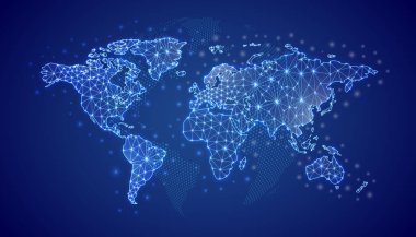 World Map 3d low poly symbol with blue world map background. Travel concept design vector illustration. Earth planet polygonal symbol with connected dots for landing page, advertising page.