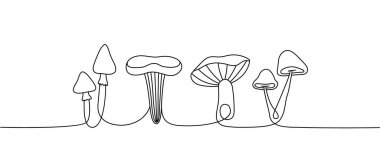 Bir sıra mantar sürekli çizim. Mantar aralıksız bir çizgi çiziyor. Vektör minimalist doğrusal çizim. Beyaz arkaplanda izole.