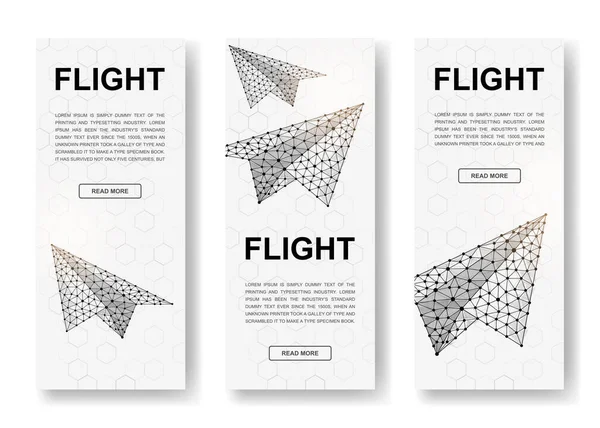 Set Three Paper Airplane Polygonal Vertical Banners Travel Low Poly — Vettoriale Stock