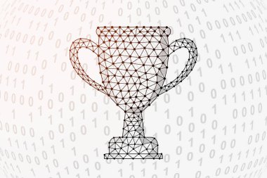 Kupa 3d düşük polyester sembol ikili kodlu. Ödül tasarım vektörü illüstrasyonu. Anasayfa tasarımı, iniş sayfası, reklam sayfası için bağlantılı noktaları olan çokgen sembol ödülü.