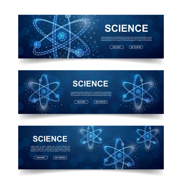 Három Atom Vízszintes Transzparens Horizontális Illusztráció Honlap Design Promo Banner — Stock Vector