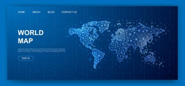 World Map 3d polygonal website template. Travel design illustration concept. Low poly Earth planet symbol for homepage, promotion banner, advertising page design.