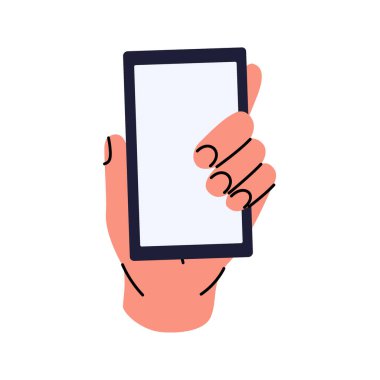 El ele tutuşan cep telefonu. Mobil uygulamanın sunumu için bir model. Beyaz ekranlı akıllı bir telefon. Vektör illüstrasyonu beyaz arkaplanda izole edildi.