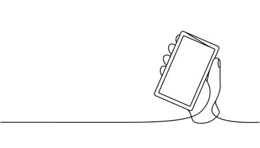 El ele tutuşmalar, akıllı telefonlar, sürekli çizimler. El telefonuyla aralıksız tek satır çizimi. Vektör minimalist doğrusal çizim. Beyaz arkaplanda izole.