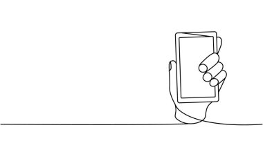 El ele tutuşmalar, akıllı telefonlar, sürekli çizimler. El telefonuyla aralıksız tek satır çizimi. Vektör minimalist doğrusal çizim. Beyaz arkaplanda izole.