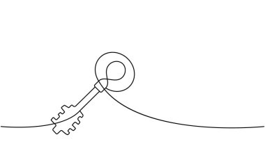 Anahtar bir çizgi sürekli çizim. Ev anahtarı tek satırlık illüstrasyon. Vektör minimalist doğrusal çizim. Beyaz arkaplanda izole.