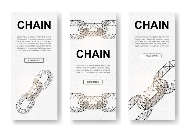 Set Three Chain Polygonal Vertical Banners Blockchain Low Poly Symbols — Vector de stock