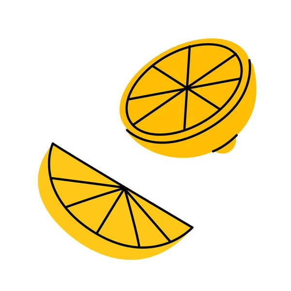 Sarı Limon Dilimleri Taze Narenciye Elle Çizilmiş Yarısı Dilimlenmiş Tüm — Stok Vektör