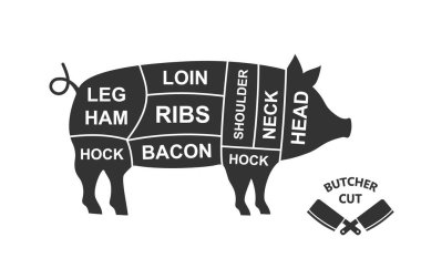 Pig scheme cuts. Butcher diagram poster. Meat diagram scheme illustration. Cuts of pork meat isolated on white background.