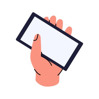 Hand holding mobile phone. Smartphone with a blank white screen. Blank touch screen mobile. Vector illustration isolated on white background.