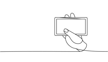 El ele tutuşmalar, akıllı telefonlar, sürekli çizimler. El telefonuyla aralıksız tek satır çizimi. Vektör minimalist doğrusal çizim. Beyaz arkaplanda izole.