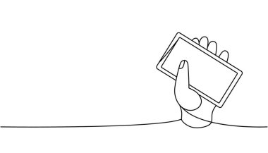 El ele tutuşmalar, akıllı telefonlar, sürekli çizimler. El telefonuyla aralıksız tek satır çizimi. Vektör minimalist doğrusal çizim. Beyaz arkaplanda izole.