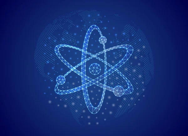 Atom Low Poly Symbol Blue World Map Background Atomic Neutron — Vector de stock