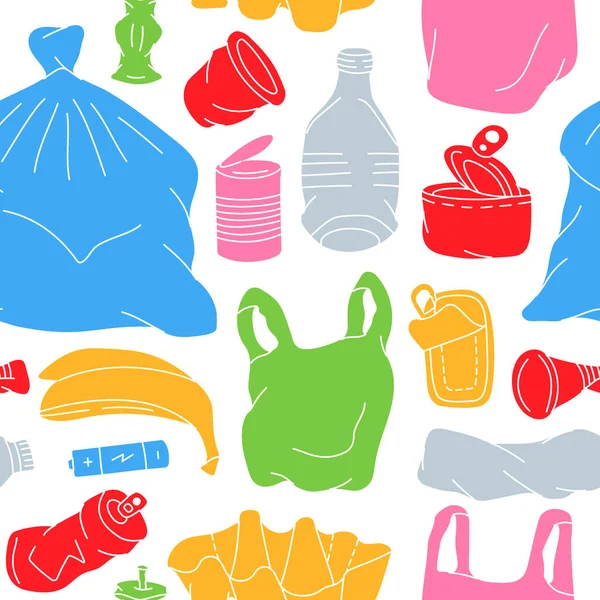 Hand Drawn Garbage Pattern Unsorted Trash Background Background Colored Garbage — Vettoriale Stock