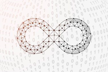 Infinity 3d low poly symbol with binary code background. Forever design vector illustration. Unlimited polygonal symbol with connected dots for homepage design, landing page, advertising page.
