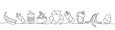 Set of Trash one line continuous drawing. Organic trash, peel of banana, apple stub, egg shell, metal cans, tin can continuous one line set illustration. Vector minimalist linear illustration.