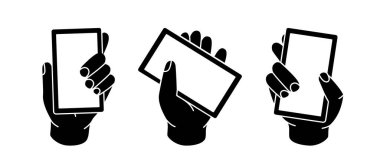 Set of hand holding phone symbols. Mobile phones with a blank screens. Hands with smartphone icons. Vector illustration isolated on white background.