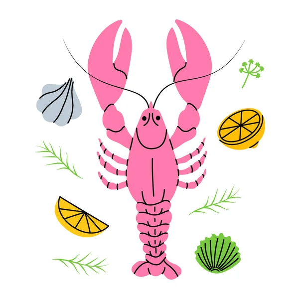 Fresh Lobster Lemon Slices Garlic Rosemary Crayfish Dish Herbs Seasoning — Stockvektor