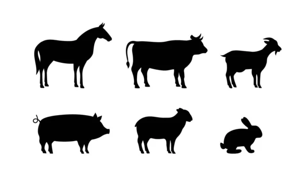 Σύνολο Από Σιλουέτες Εκτρεφόμενων Ζώων Γουρούνι Άλογο Κατσίκα Πρόβατο Κουνέλι — Διανυσματικό Αρχείο