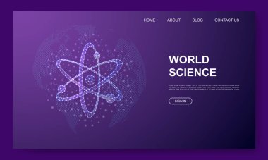 Atom 3d low poly website template. Atomic neutron design illustration concept. Polygonal Molecule symbol for homepage design, landing page, advertising page.
