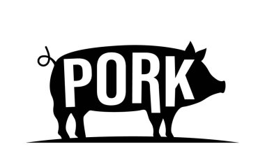 Pig black silhouette with lettering. Pork symbol. Piggy silhouette. Hand drawn vector illustration. Farm animal icon isolated on white background.