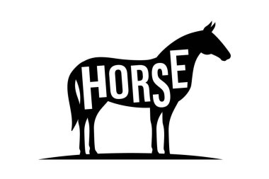 Horse black silhouette with lettering. Horse symbol. Stallion silhouette. Hand drawn vector illustration. Farm animal icon isolated on white background.