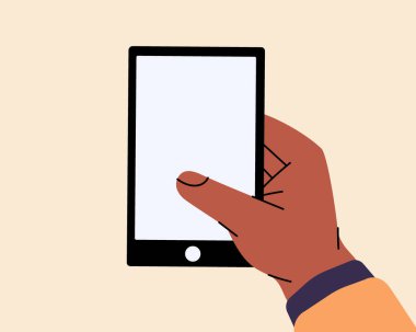 Hand holding smartphone with white screen. Cartoon hand scrolling or searching for something in phone. Smartphones with a blank screen. Vector illustration isolated on white background