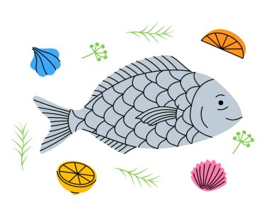 Fish dish with lemon slices, garlic and rosemary. Fish with herbs seasoning for cooking. Seafood meal menu hand drawn illustration. Seafood isolated on white background.
