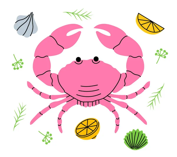Fresh Crab Big Claws Meal Menu Seafood Lemon Slices Garlic — Image vectorielle