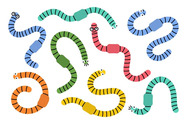 Colored Worms Character Set Earthworm Mascot Eyes Cute Faces Terrestrial — Stockvektor