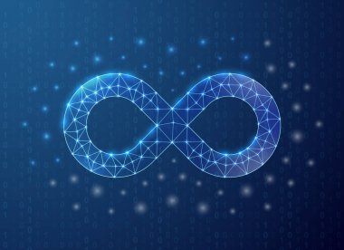 Infinity polygonal symbol with binary code background. Forever concept design vector illustration. Blue Unlimited low poly symbol with connected dots for landing page, advertising page.